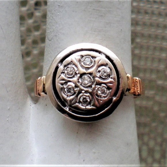 Vintage Russian Style 14K 585 Rose Pink White Gold Genuine Diamond Cluster RING